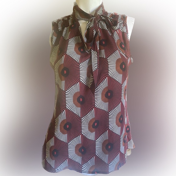 Ladies mod geometric tie neck art print sleeves blouse contempo causal - Picture 4 of 5